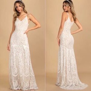 Lulus Flynn White Maxi Dress Lace Gown V-Neck Spaghetti Strap Train Size L